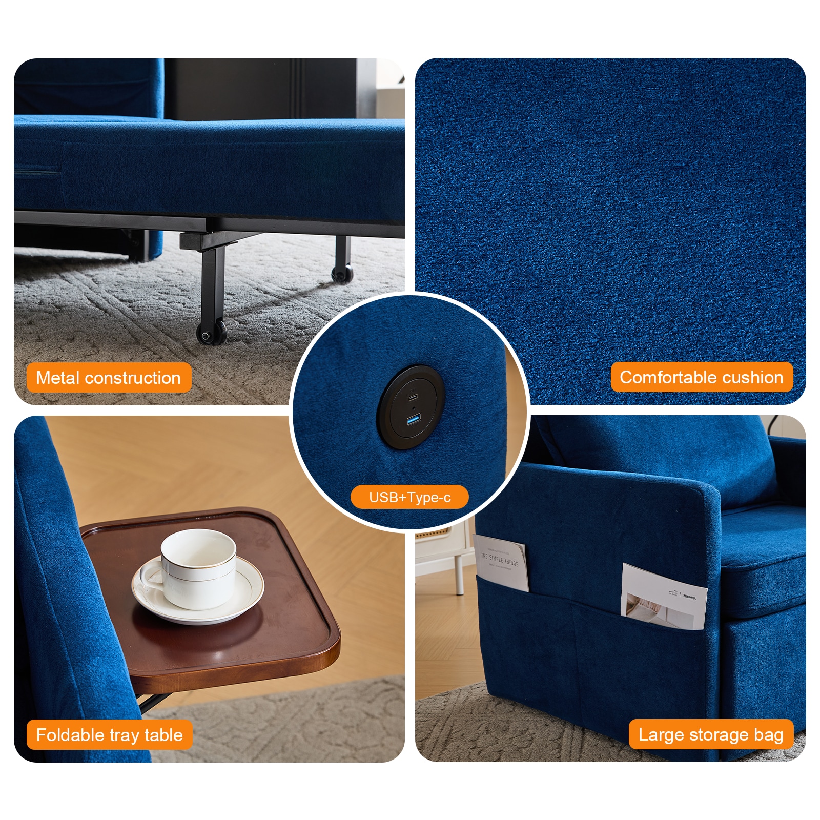 Sleeper Chair Bed, 3-in-1 Convertible Sofa Bed Pull-out Sofa Bed, Convenient Folding Tray Table With USB And Type-C Charging Ports,Blue,Leather_voghion.com